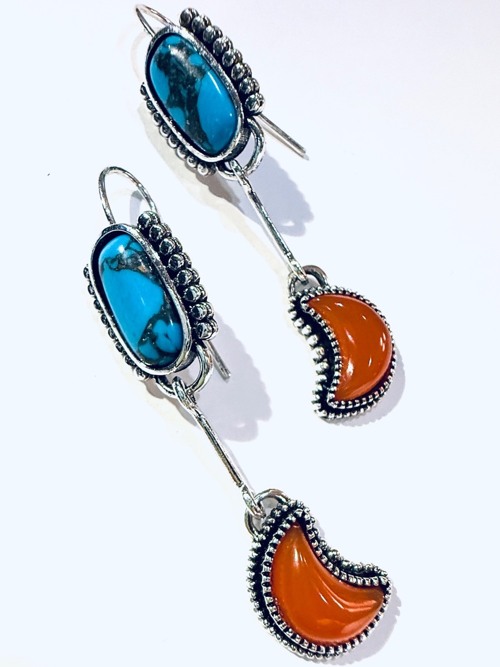 Turquoise and Orange Crescent Drop Earrings - Women Jewelry